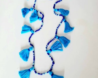 Blue tassels seed beads long necklace -blue white fringes necklace, Boho turquoise blue tassels long necklace - Seeds beads long necklace