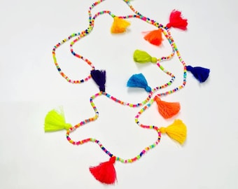 Multi Tassels Extra Long Boho Gypsy Tassel Necklace, Handmade Colorful Vibrant Tassel Neon Tiny Seed Bead Necklace, Bohemain Gypsy