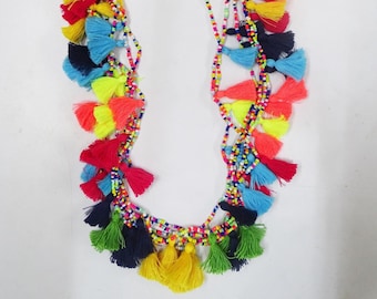 Summer multi seed beads multi tassels long bohemian necklace -multi colored long necklace - multi tassel necklace