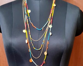 Bohemian Multi-Layered Seed Bead Necklace: Rose Gold Charms