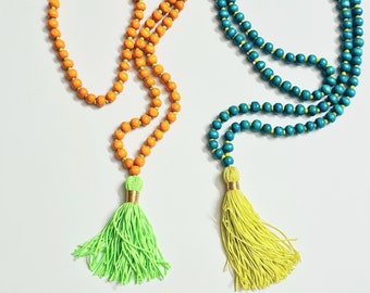 Boho Long Tassel Necklace - Long Tassel Pendant Necklace - Wooden Bead Necklace - Spiritual Mala - Yoga Necklace, Guru Necklace, Meditation
