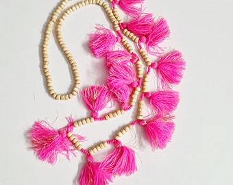 Colourful Multi Tassels Necklace-Long Boho orange Necklaces - Pink Bohemian Necklace - Wooden Beads And Tassels Necklace - Hippie -Summer