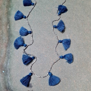 Grey blue tassels bohemain necklace in antique gold & silver metal beads, Dark grey blue tassel 36&quot; long necklace, blue tassels necklace