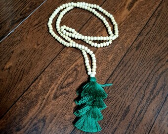 Boho Wooden Beads and Tassel Necklace- Wooden beads green tassels necklace-Mala- Boho green tassel pendant necklace- Yoga Boho Necklace