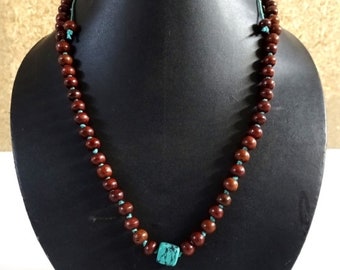 Boho Wood Bead Necklace: Turquoise Agate, Adjustable Cord