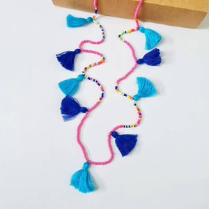Turquoise Blue Tassels Long Necklace - Pink Seed Beads And Blue Tassels Necklace - Bohemian Pink And Blue Beaded Necklace - Tassels Necklace
