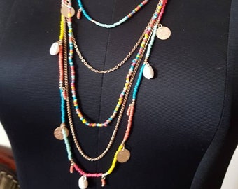 Sommer Boho Multi Color Layered Ketten und Perlen Halskette-Multi Layered Lange Halskette - Rocailles & Kette Halskette - MultiNecklace