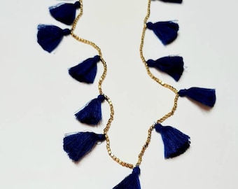 Navy blue tassels bohemain necklace in antique gold & silver metal beads, Navy blue tassel 36" long necklace, blue tassels long necklace