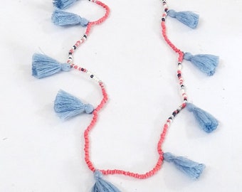 Tassels necklace - Pink and grey beads and tassels long necklace,bohemian pink and grey seed beads and tassels long necklace,boho necklace