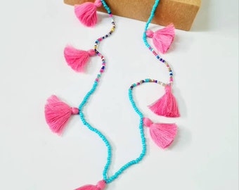 KWAST KETTING - Roze en Turquoise Zaad Kraal Kwast Lange Ketting - Multi Kwasten Ketting - Multi Kwasten - Turquoise Kwast Ketting