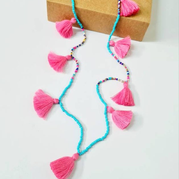 TASSEL NECKLACE - Pink And Turquoise Seed Bead Tassel Long Necklace - Multi Tassels Necklace - Multi Tassels - Turquoise Tassel Necklace