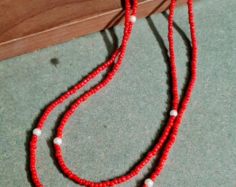 Red Beaded Lariat Necklace, White Pearl Shell Extra Long Layering Rope Jewellery