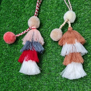 Peut inclure: Deux pompons décoratifs avec des franges superposées et des accents de pompons. L'un des pompons présente des franges roses, grises, rouges et blanches, tandis que l'autre a des franges marron, blanches et beiges. Les deux ont un cordon tressé et un petit pompon.