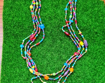 Boho Seed Bead Layered Necklace: Wood, Brass & Gemstone Fiesta