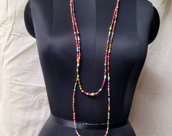 Boho mixed multi seed beads two row long necklace,multi color seed beads long necklace,multi mixed color double row rope long necklace