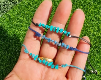 Turquoise Gemstone Ankle Bracelet: Boho Adjustable Cotton Cord Stone Anklet