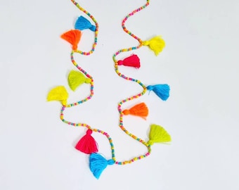 Boho tassels necklace,bohemian multi seed beads and tassels necklace, multi colored beads and tassels long necklace, tassels multi necklace