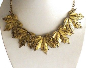 Metal Alloy Brass Antique Statement Necklace, Collar Necklace, Bib Necklace, Maple leaf, Vintage Jewelry