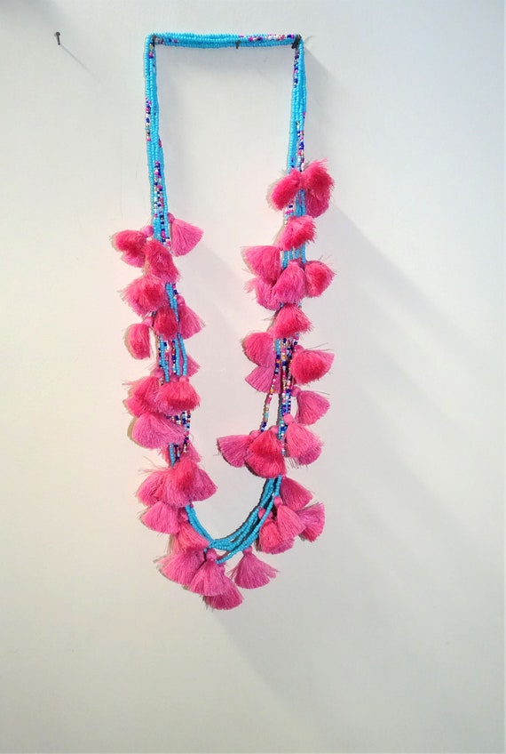 30" Handmade pink silk tassel with flower bead and seed beads long necklace 