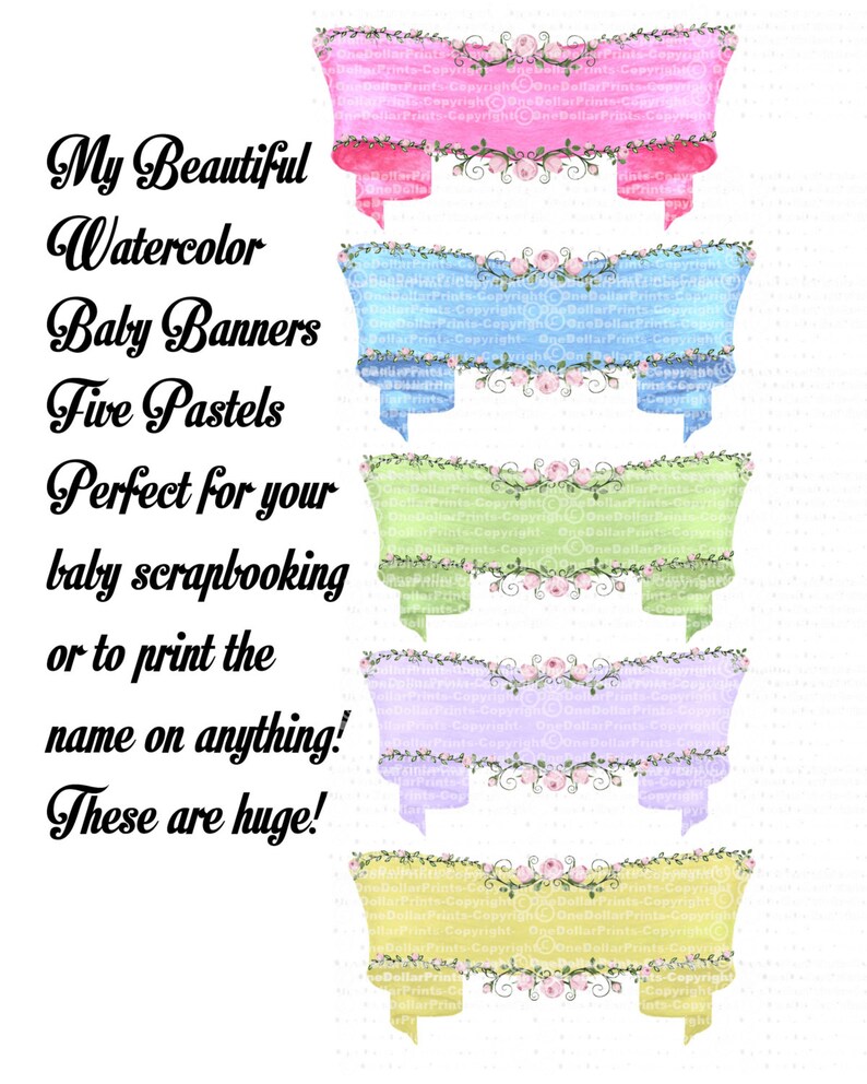 BABY Banner Set Watercolor pastels with beautiful pink roses Transparent PNG Clipart scrapbooking Photo book Printing Crafting