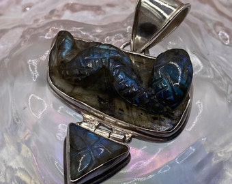Gorgeous Labradorite/ Healing Labradorite /Sterling Silver 925/ Carved Labradorite Snake / Handmade / Hand Carved Snake Large Pendant