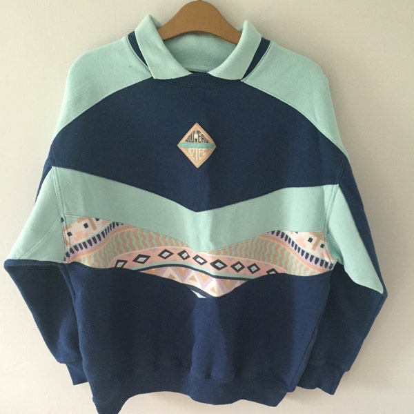 70's Sports Collar Jumper Sweatshirt Pullover Small Medium