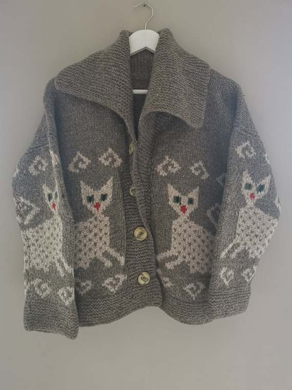 Vintage Handmade Cat Cardigan Pullover Sweater Car
