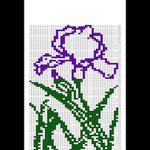 Puede incluir: Un diseño de arte de píxeles de una flor de iris púrpura con hojas verdes sobre un fondo blanco.