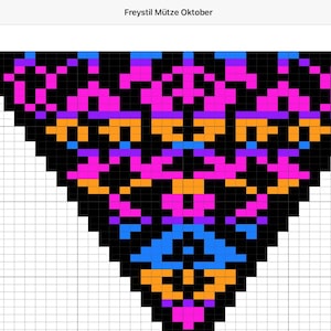Könnte beinhalten: Ein schwarz-weißes Pixel-Art-Muster in Dreiecksform. Das Muster enthält eine Vielzahl von Farben, darunter Pink, Orange, Blau und Lila. Das Muster ist symmetrisch und hat ein geometrisches Design.