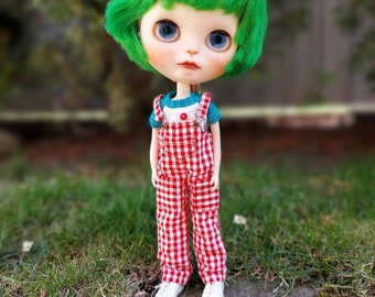 Blythe Doll Overalls  Red Checkered Cotton Clothing