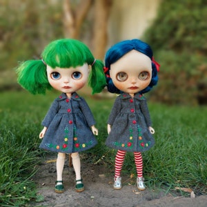 Puede incluir: Dos mu&ntilde;ecas con abrigos grises con bordados florales. Una mu&ntilde;eca tiene el pelo verde y la otra tiene el pelo azul. Ambas mu&ntilde;ecas llevan medias blancas y zapatos.