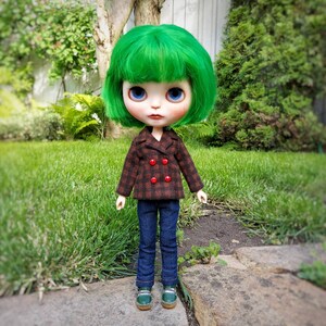 May include: A doll with bright green hair, wearing a brown and red plaid jacket with red buttons, blue jeans, and green shoes. The doll is standing on a path in front of a grassy area.
