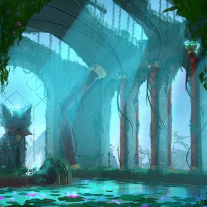 Cat Spirit Temple Original Kunstdruck Landschaftsbild