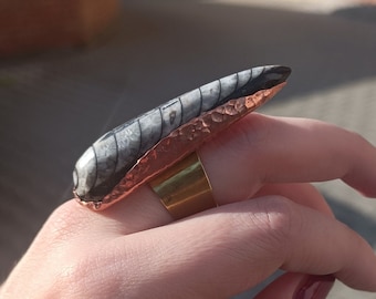 Orthoceras ring set in copper and brass Big Fossile Statement Organic Boho Ring Gift For Her