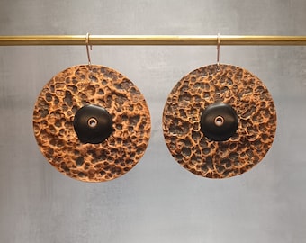 Hammered Copper Earrings with Ebony Boho Style Big Earrings Statement Organic Jewelry