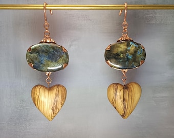 Labradorite Ear Weights Set in copper with Bethlehem olive wood hearts copper ear weights