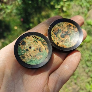 May include: Two round wooden ear gauges with a black outer ring and a green and brown marbled pattern.