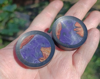 Ebony Plugs Purple Stabilized Wood Inlay Handmade Wooden Ear Plugs Gauges PAIR 10 mm- 50 mm 00g-2"