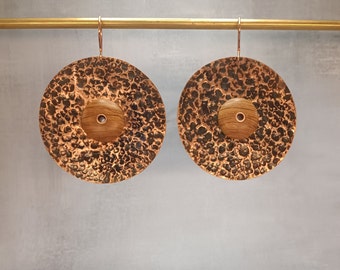 Hammered Copper Earrings with Olive Wood Boho Style Big Earrings Statement Organic Jewelry