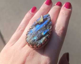 Labradorite ring set in copper with textured brass detail big rings gift for her