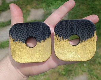 Mayan Square Flare Ebony Gold Leaf Engraving Ear Plugs Handmade Wooden Ear Plugs Organic Gauges PAIR 10 mm - 50,8 mm 00-2"