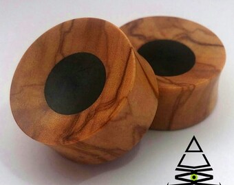 Olive wood Plugs Concave  Ebony Inlay Handmade Wooden Ear Plugs Organic Gauges Olive Wood PAIR 10 mm- 55 mm 00g-2"
