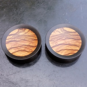 Tapones para los oídos de madera de ébano con incrustaciones de madera de olivo, hechos a mano, calibres de 10 mm a 55 mm.