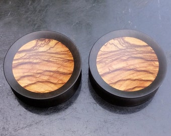 Ebony Plugs  Olive Wood Inlay Handmade Wooden Ear Plugs Gauges PAIR 10 mm- 55 mm
