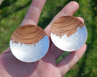 Mayan Flare Olive Wood Silver Leaf Ear Plugs Handmade Wooden Organic Gauges PAIR 5 mm- 51 mm 4 g-2"