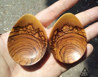 Bethlehem Olive Wood Concave Teardrop Ear Plugs Organic Wooden Handmade Unique Gauges PAIR 10 mm-101 mm 00g-4"