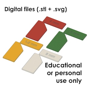 Könnte beinhalten: Digitale Dateien (.stl + .svg) von fünf geometrischen Formen in Rot, Gelb, Grün, Weiß und Beige. Die Formen sind mit ihren Abmessungen in Millimetern beschriftet: 1,5 mm, 2 mm, 3 mm und 4 mm. Der Text "Nur für Bildungszwecke oder den persönlichen Gebrauch" ist ebenfalls enthalten.