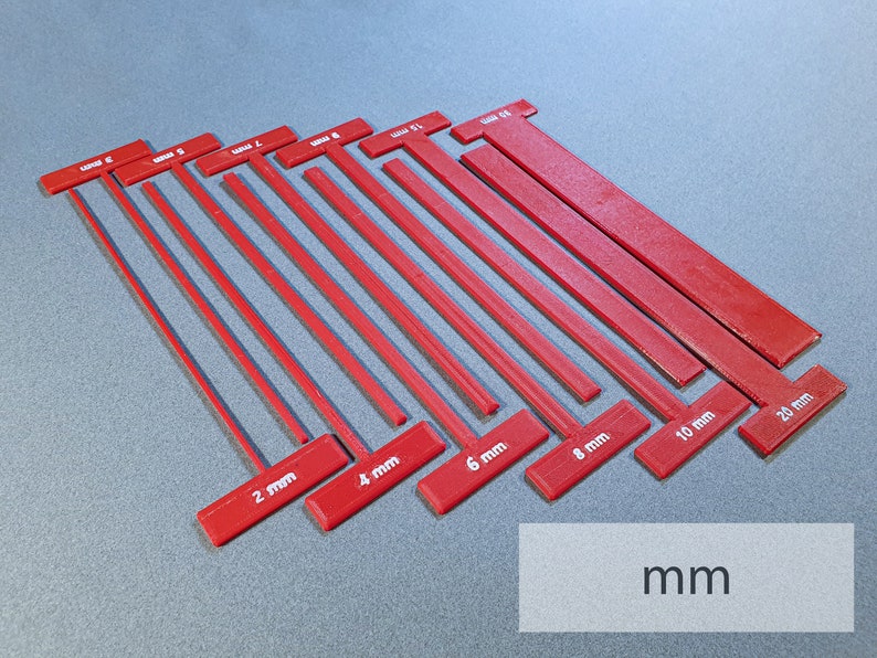 Set of Thin T-Spacers Metric Gauges/Straightedges for Bookbinding, Cartonnage, and Other Crafts 2.5 mm high, 3d-printed, Mark II image 1