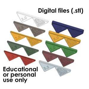 May include: A set of ten 3D printed plastic triangles in various colors, each with a number from 1.0 to 7.0 printed on it. The triangles are arranged in a pyramid shape, with the largest triangle at the top and the smallest triangle at the bottom. The text "Digital files (.stl)" is printed at the top of the image. The text "Educational or personal use only" is printed at the bottom of the image.