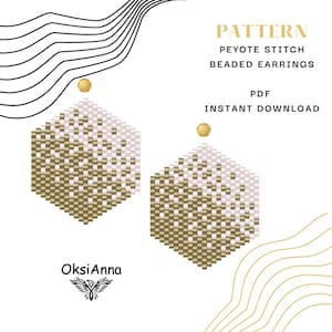 May include: A digital pattern for Peyote stitch beaded earrings. The design features two hexagonal earrings with a gradient of gold and white beads. The text on the image reads "PATTERN", "PEYOTE STITCH BEADED EARRINGS", "PDF", and "INSTANT DOWNLOAD".